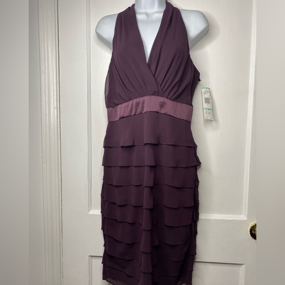 EVAN PICONE NWT Red Grape Chiffon Ruffle Flare Sheath Halter Dress - Picture 1 of 4